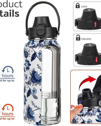 Water Bottle Insulated 32oz 40oz 64oz 128oz Straw Lid Spout Lid & 3 Lids, Leak Proof, Vacuum Insulated,Stainless Steel Water Bottle Wide Mouth for Sports, Gym or Office