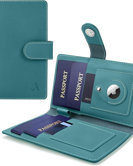 ALLIVE Family Passport Holder for Women & Men, RFID Blocking Passport Wallet with AirTag Slot, Genuine Leather Passport Cover Family Travel Gift & Airport Essentials (Lake Blue)