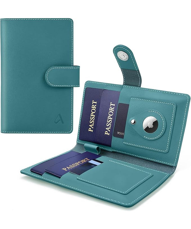 ALLIVE Family Passport Holder for Women & Men, RFID Blocking Passport Wallet with AirTag Slot, Genuine Leather Passport Cover Family Travel Gift & Airport Essentials (Lake Blue)