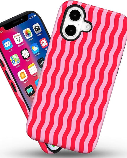 Magnetic for iPhone 17 Case Cute Wavy Stripes Phone Case, Shockproof Slim TPU and Hard PC Protective Phone Cover Compatible with MagSafe Designed for Women Girls, Red