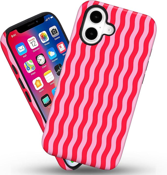 Magnetic for iPhone 17 Case Cute Wavy Stripes Phone Case, Shockproof Slim TPU and Hard PC Protective Phone Cover Compatible with MagSafe Designed for Women Girls, Red