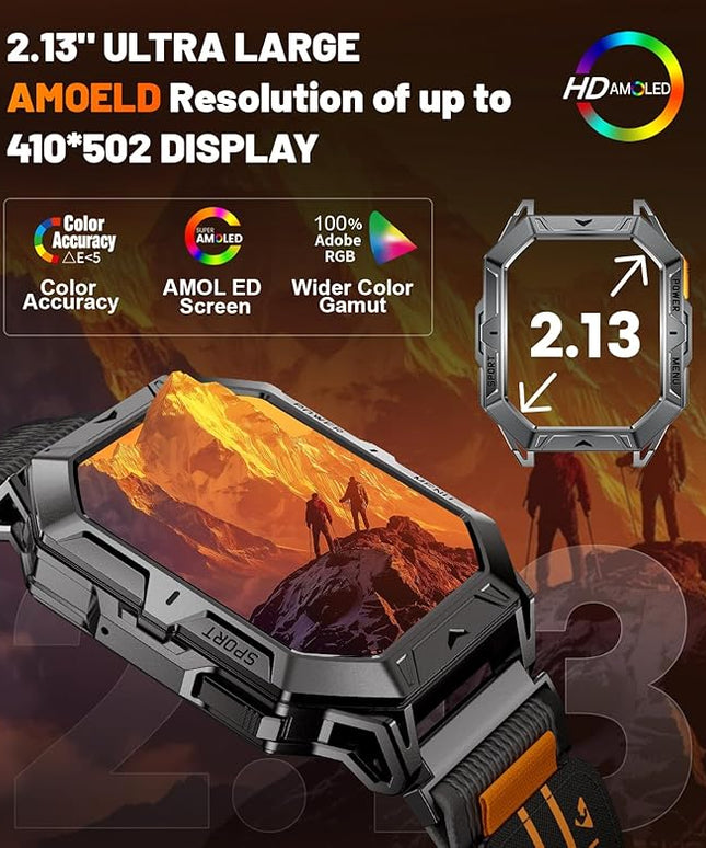 LIGE Military Smart Watches for Men(Answer/Make Calls),100-Day Battery Life,2.13" AMOLED Outdoor Sports Smartwatch with Compass,Fitness Tracker for Android iOS,AI Voice,Silicon
