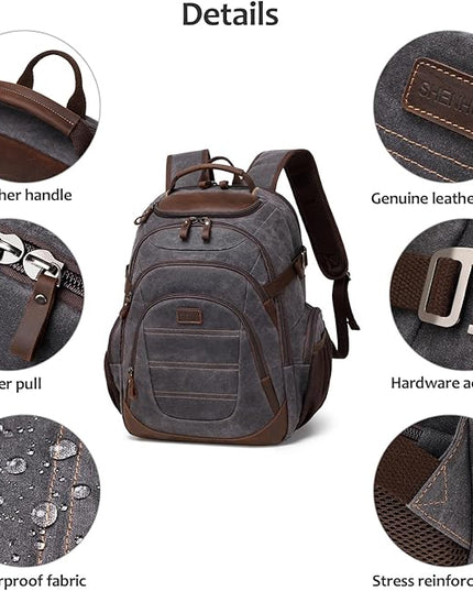 Travel Laptop Backpack 17.3 inch XL Computer Backpack for Men Waxed Canvas College Daypack Business Backpack Black Gray
