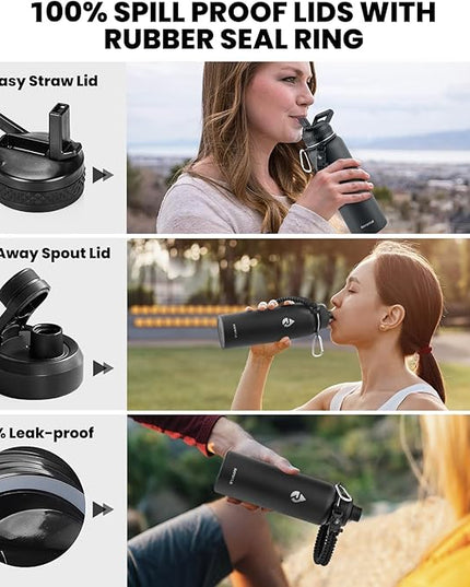 Insulated Water Bottle 40 oz, Triple Wall Vacuum Stainless Steel (Cold for 48 Hrs), Leak Proof & Non-BPA, Modern Water Flask Jug with Paracord Handle & Straw Spout Lids, Magic Black