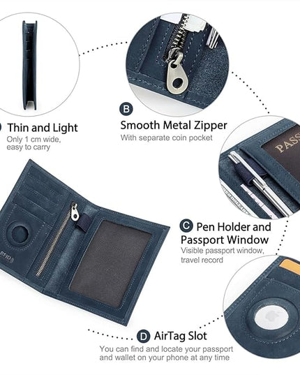 CONTACTS Full Grain Leather Passport Holder RFID Blocking Travel Passport Wallet Compatible with Airtag Passport Cover Case with 4 Cards Slots, Coin Pocket (Blue)