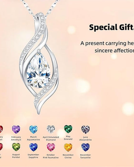 Birthstone Necklace gift for Women S925 Sterling Silver Teardrop with Cubic Zirconia- Birthday Jewelry gift for her, Girlfriend, Wife, Mom on Birthday, Anniversary