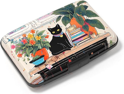Atufsuat Credit Card Holder, Mini Aluminum Card Wallet RFID Blocking Slim Metal Hard Card Case for Women Men, Cat on Closet