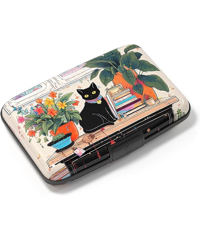 Atufsuat Credit Card Holder, Mini Aluminum Card Wallet RFID Blocking Slim Metal Hard Card Case for Women Men, Cat on Closet