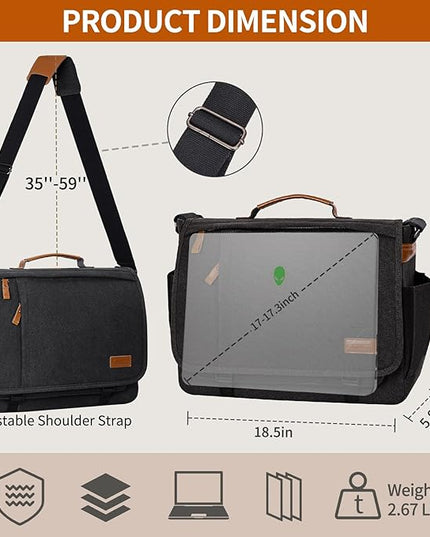 ESTARER Messenger Bag 17-17.3 Inch, Men's Computer Satchel Water-resistant Canvas, Teacher Laptop Briefcase for Work Office College, Dark Grey