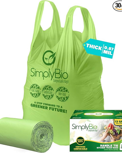 Simply Bio 13 Gallon Compostable Trash Bags Liners with Handle-Tie, Thick 0.87 Mil, 49.21 Liter, 30 Bags, Tall Kitchen Food Scrap Waste Bag, ASTM D6400, US BPI and OK Compost Home Certified