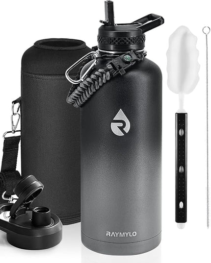 Insulated Water Bottle 87 oz, Triple Wall Vacuum Stainless Steel (Cold for 48 Hrs), Leak Proof & Non-BPA, Modern Water Flask Jug with Paracord Handle & Straw Spout Lids, Dark Grey
