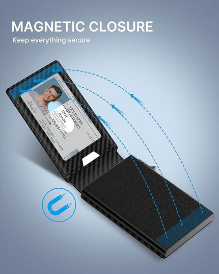 typecase Mens Wallet Card Holder: Pop Up Card Case, Genuine Leather, RFID Blocking, Smart, Slim, Minimalist, Thin - 13 Card Capacitiy, ID Window, Cash Strap (Carbon Fiber)