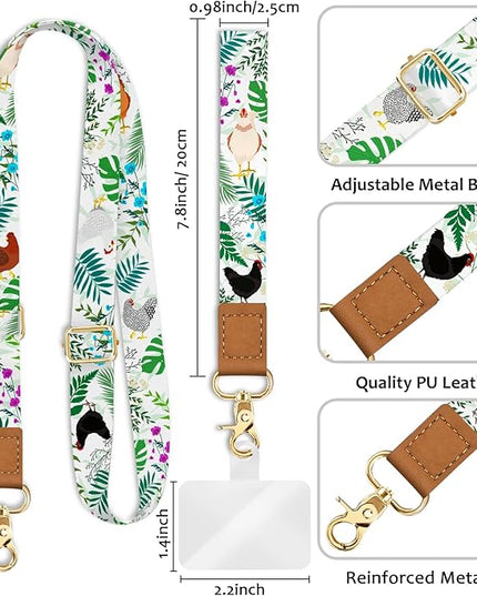 Phone Lanyard Crossbody Wrist Strap, Flower Chickens Cell Phone Lanyards for Around the Neck Wristlet Shoulder, Adjustable Cute Floral Strap for Keys Keychain Wallet ID Badge