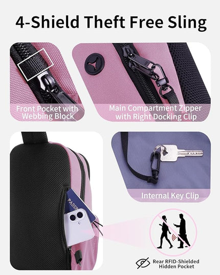 ECOHUB Anti-Theft Crossbody Bag Men Women, RFID Blocking Lightweight Sling Backpack Eco-Friendly with 9 Pockets Sturdy SBS Zippers Water Resistant for Travel Work Hiking Outdoor, Pink