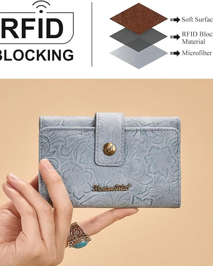 Montana West Small Wallet Women's Embossed Floral Wallet Trifold RFID Wallets Ladies Female Western Credit Card Cash Wallets Jeans Blue with ID Window