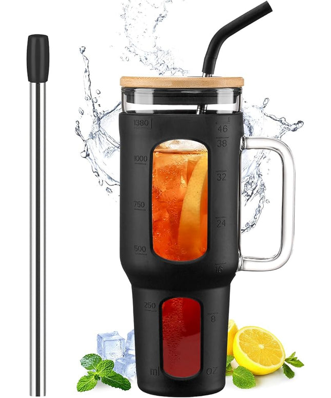 Glass Tumbler with Lid and Straw, 46 oz Iced Coffee Cup with Handle, Large Water Bottles with Silicone Sleeve, Glass Cup with Straws - Pearl Straw & Drinking Straw BPA Free-Black