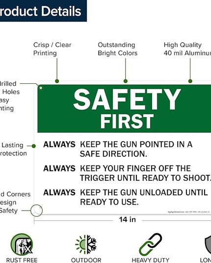 Safety First Always Keep The Gun Pointed In A Safe Direction Sign, 10x14 Inches, Rust Free .040 Aluminum, Fade Resistant, Made in USA by My Sign Center