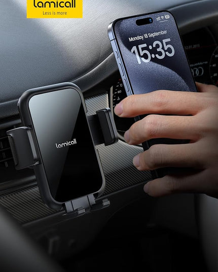 Lamicall 2026 Wider Clamp & Metal Hook Car Phone Holder Vent [Thick Cases Friendly] Phone Holders for Your Car Mount Automobile Hands Free Cradle Air Vent for iPhone 17 16 15 Pro Max Lucite Black