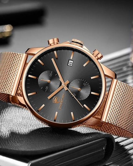 GOLDEN HOUR Mens Watch Fashion Sleek Minimalist Quartz Analog Mesh Stainless Steel Waterproof Chronograph Watches for Men with Auto Date