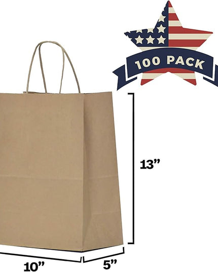 Qutuus 10x5x13 Kraft Paper Bags 100 Pcs Kraft Shopping Bags, Paper Gift Bags for Retail, Merchandise, Recycled Bulk Paper Sacks, Brown Paper Bags with Handles Bulk