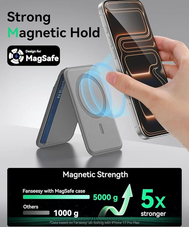Fanseesy for MagSafe Wallet with Stand, 5 Card Holder, Slim Leather Magnetic Wallet for iPhone 17/16/15/14/13/12 Pro Max Plus Air Series, 3 Card Slots & 1 Cash Slot,Grey