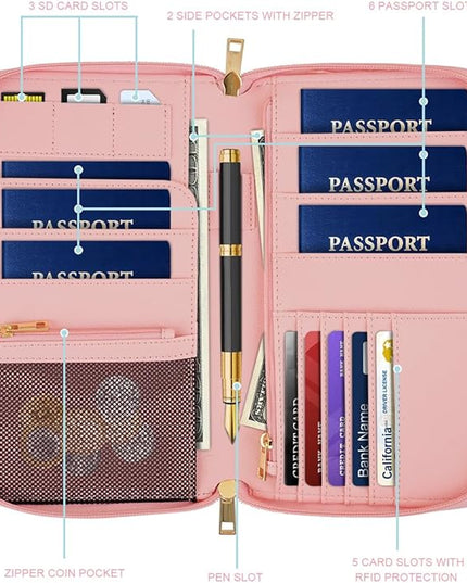 Family Passport Holder Wallet RFID Blocking Document Organizer PU Leather Mulit-purpose Travel Wallet Credit Cards Case for Women Men,Red Marble