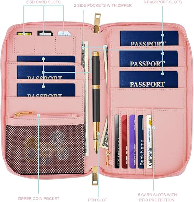 Family Passport Holder Wallet RFID Blocking Document Organizer PU Leather Mulit-purpose Travel Wallet Credit Cards Case for Women Men,Red Marble