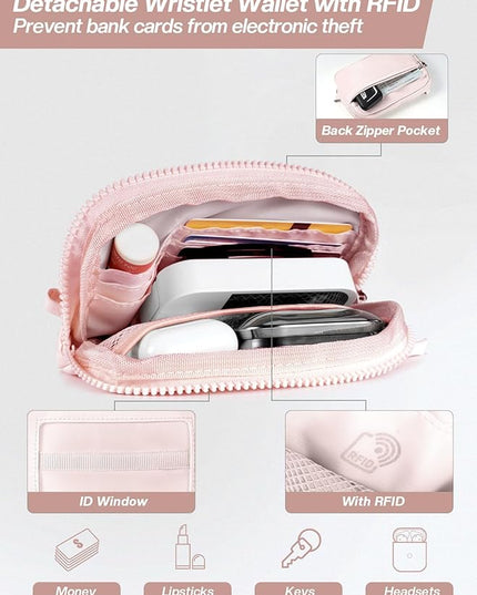 Clip and Go Strap for Phone with Wallet Crossbody Phone Lanyard Adjustable and Detachable RFID Wristlet Wallet with ID Window and Zipper, Pink