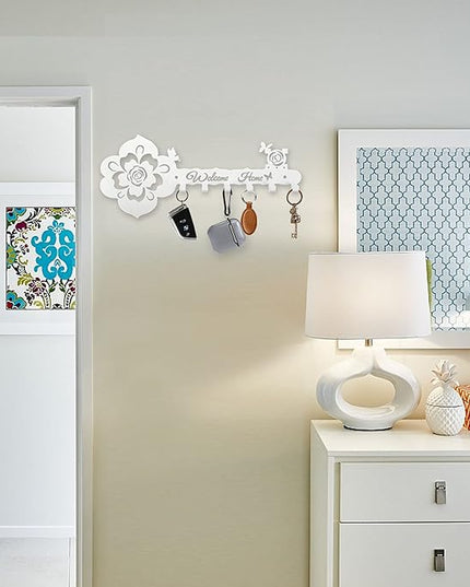 Deveosa Key Hooks Holder for Wall Decorative - Small White Entryway Welcome Home Sign Key Hanging Hangers Wall Mounted Racks