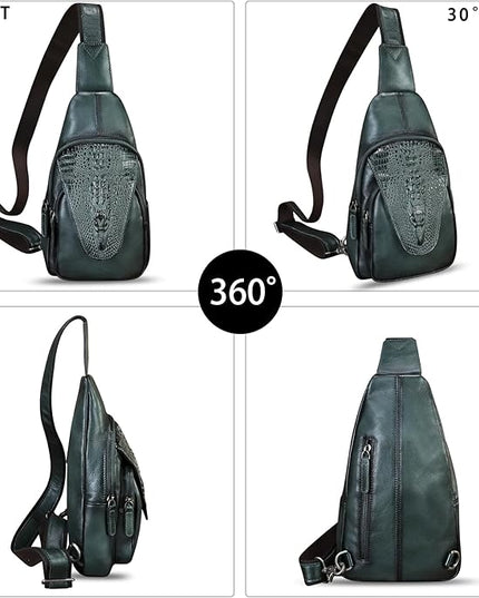 Genuine Leather Sling Bag Embossed Crocodile Pattern Leather Crossbody Sling Backpack Handmade Chest Purse Daypack (Darkgrey)