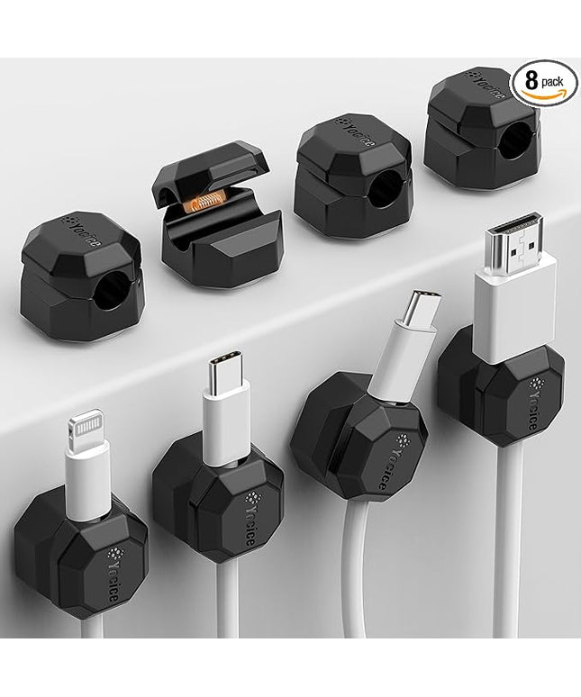 8 Pack Rotatable Cable Clips,Spring Cord Organizer Desk Cable Management Cord Holder Adhesive Phone Charger Cord Clips for Home Office Car Wall Nightstand Accessories Black