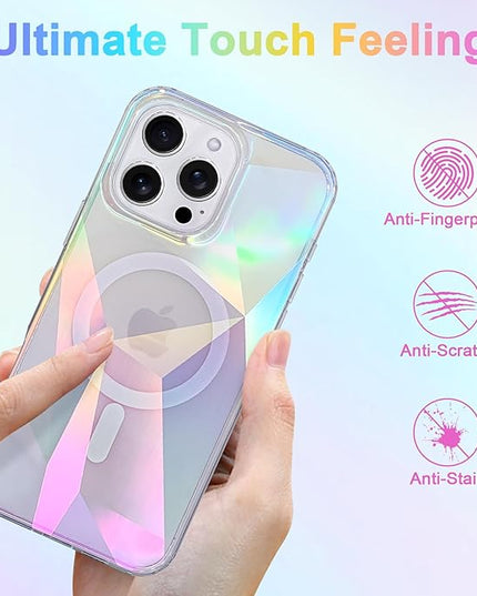 Cute Case for iPhone 16 Pro Max Case for Women Girls [ Compatible with Magsafe ] Clear Glitter Girly Aesthetic Rainbow Sparkly Bling Magnetic Phone Cover, Iridescent Geometry