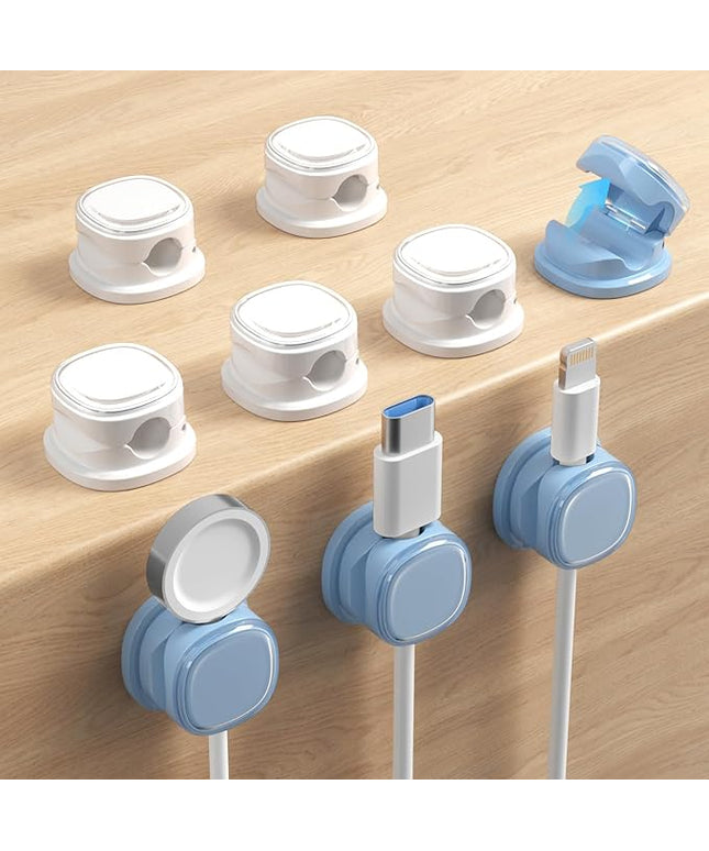 9 Pack Cord Organizer, Spring Cable Management, Adhesive Cute Cable Holder Clips, Phone Charger Wire Keeper for Desk Nightstand Car Office (9-Pack White_Blue)