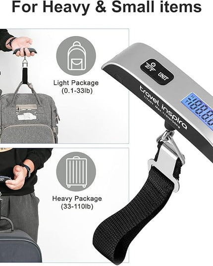 travel inspira Luggage Scale, Portable Digital Hanging Baggage Scale for Travel, Suitcase Weight Scale with Rubber Paint, 110 Pounds, Battery Included, Sliver, 2 Pcs