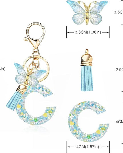 Fashion Alphabet Initial Letter Keychain Tassel Butterfly Pendant Key Ring for Purse Handbags Women Girl