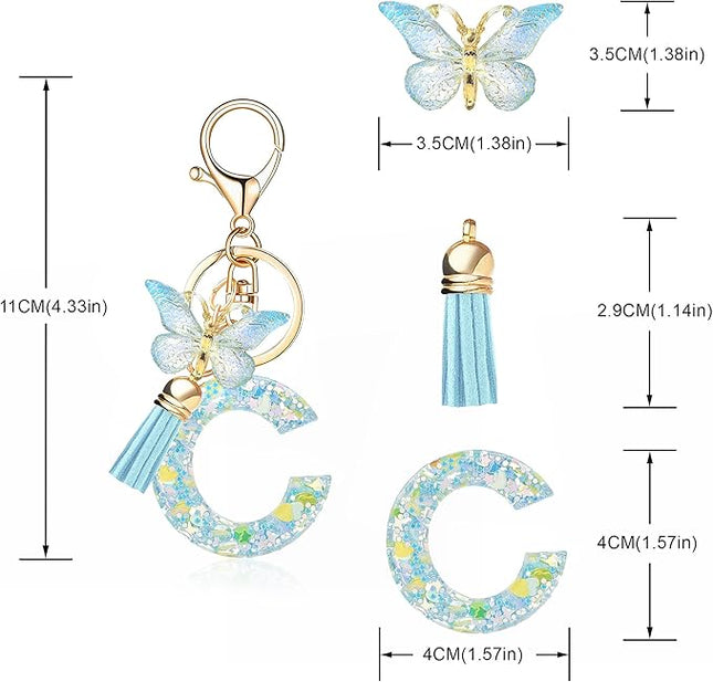 Fashion Alphabet Initial Letter Keychain Tassel Butterfly Pendant Key Ring for Purse Handbags Women Girl