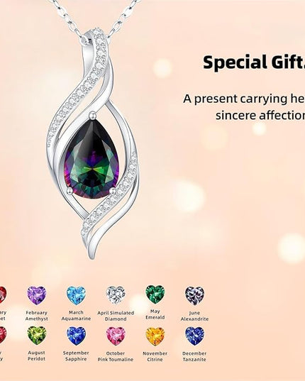Birthstone Necklace gift for Women S925 Sterling Silver Teardrop with Cubic Zirconia- Birthday Jewelry gift for her, Girlfriend, Wife, Mom on Birthday, Anniversary