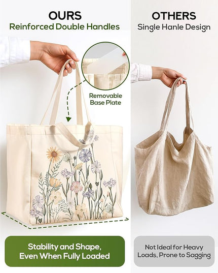 Large Canvas Grocery Tote Bag - Reusable Extra Large Shopping Shoulder Bags with 6 Inner Pockets & 2 Handle Strap