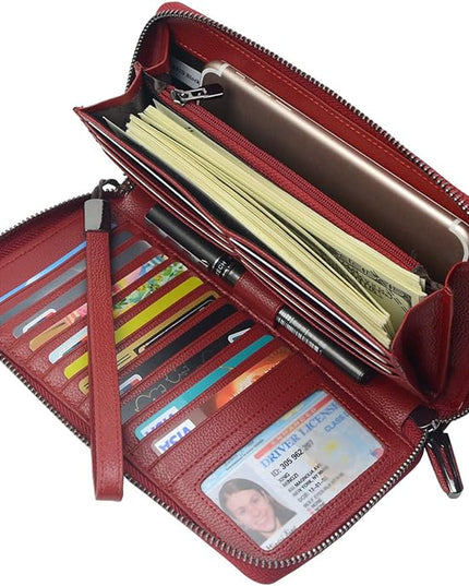 Bveyzi Women RFID Blocking Wallet Leather Zip Around Phone Clutch Large Capacity Ladies Travel Purse Wristlet | RFID Blocking, Zip Around, Large Capacity