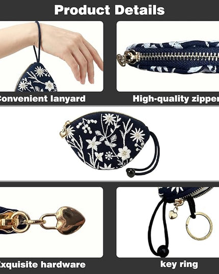 Embroidered Small Coin Purse for Women Girl,Vintage Cute Wallet Zipper Pouch,Handmade Aesthetic Oval Change Purse for Coins,Air-Tag,Small Jewelry Key with Pull-Out Key Ring