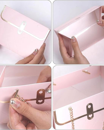JHXTZ 10 Pack Flower Paper Gift Bags with 12pcs Rose Gold 3D Butterfly Decoration, Portable Floral Handbag Box with Metal Chain, Florist Carrier for Valentine's Day Birthday Gifts (Pink)