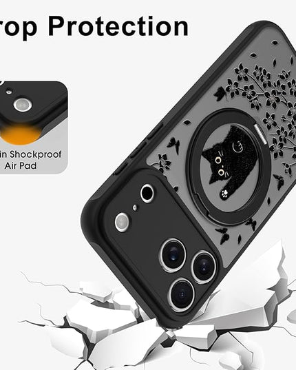 Cute Case for iPhone 17 Pro Max Case with Stand [ Compatible with MagSafe ] Kawaii Black Cat & Floral & Butterflies Pattern Design 360 Magnetic Ring Kickstand Phone Cover for Women Girls Boys