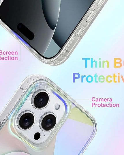 Cute Case for iPhone 16 Pro Max Case for Women Girls [ Compatible with Magsafe ] Clear Glitter Girly Aesthetic Rainbow Sparkly Bling Magnetic Phone Cover, Iridescent Geometry