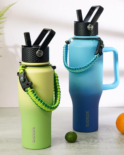 BJPKPK Insulated Water Bottles with Straw Lid, 40oz Metal Water Bottle with 2 lids & Paracord Strap, Double Wall Stainless Steel Tumbler with Handle, Reusable Cups, Mugs, Thermo, Fresh Green