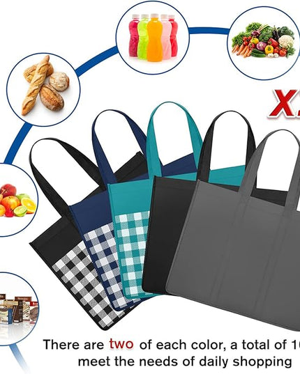 WISELIFE Reusable Grocery Shopping Bags 10 Pack Large Foldable Tote Bags Bulk, Eco Produce Bags with Long Handle for Shopping Groceries Clothes (Plaid B)