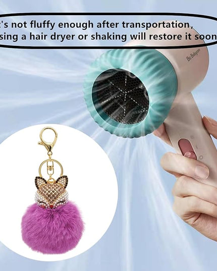 Faux Rabbit Fur Ball Pom Pom Keychain with Fox Head Studded with pearl Rhinestone for Womens Bag Car Key Decoration