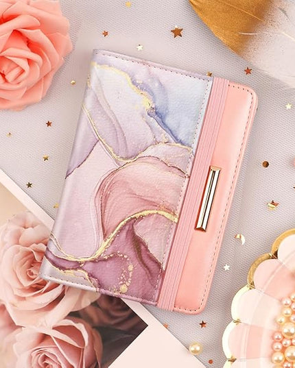 Passport Holder Cover Travel RFID Blocking Passport Cover Rose Gold Cute Flowers Passport Wallet with Elastic Band for Women