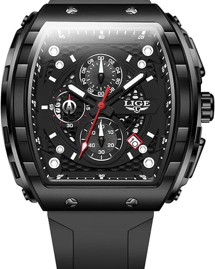 Mens Watches,Unique Rectangular Quartz Analog Watch,Outdoor Sports Multi-Function Watch,Chronograph/Waterproof/Luminous/Calendar,Durable Silicone Strap Mens Casual Watches