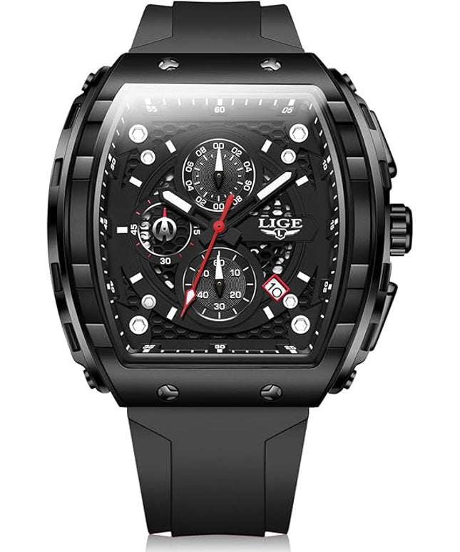 Mens Watches,Unique Rectangular Quartz Analog Watch,Outdoor Sports Multi-Function Watch,Chronograph/Waterproof/Luminous/Calendar,Durable Silicone Strap Mens Casual Watches