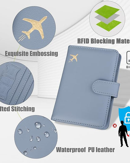 GOAUS Passport Holder for Travel with AirTag Slot Cards Cash Pocket, Faux Leather Travle Wallet Gifts for Women Men RFID Blocking Book Case Blue, AirTag Not Included